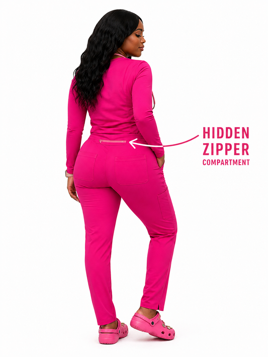 Hot Pink Yoga Scrub Set – Long Sleeve, 8 Pockets, Flexible Comfort Fit