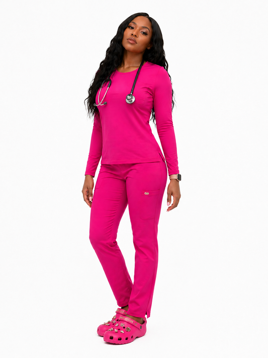 Hot Pink Yoga Scrub Set – Long Sleeve, 8 Pockets, Flexible Comfort Fit
